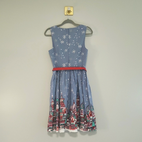 Modcloth Holiday Dress Medium Blue Red White Sleeveless Belt Snowflakes Winter - Picture 6 of 16
